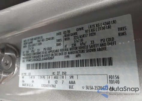 2020 Ford Escape Se из США, поврежденный, VIN 1FMCU0G62LUA95097